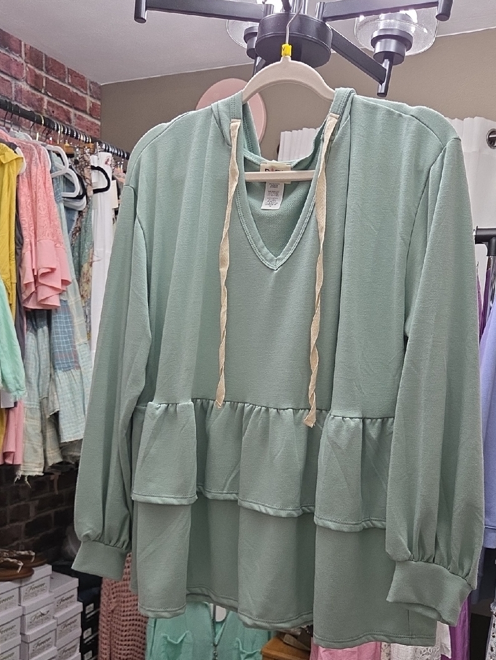 BiBi Sage Green Ruffle-Hem Hoodie with V-Neck